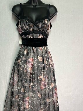 NWT Floral Chiffon Maxi Prom Dress Black Velvet Waist Fairycore Formal Size 6